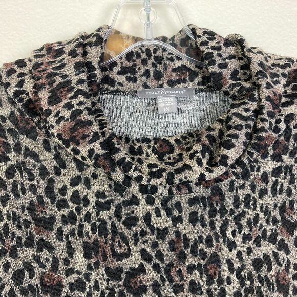 Peace and Pearls Women's Sweater Size 1X Brown Black Animal Print Cowl Neck Soft - Picture 3 of 7